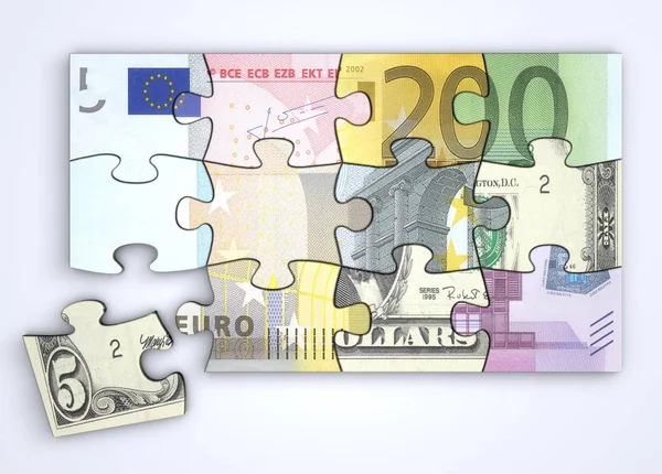 Mixed Dollar Euro Note Puzzel Van Boven Met Een Aparte — Stockfoto