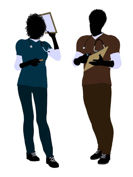 Afrikansk Amerikansk Kvinnlig Och Manlig Doktor Silhouette Vit Bakgrund — Stockfoto