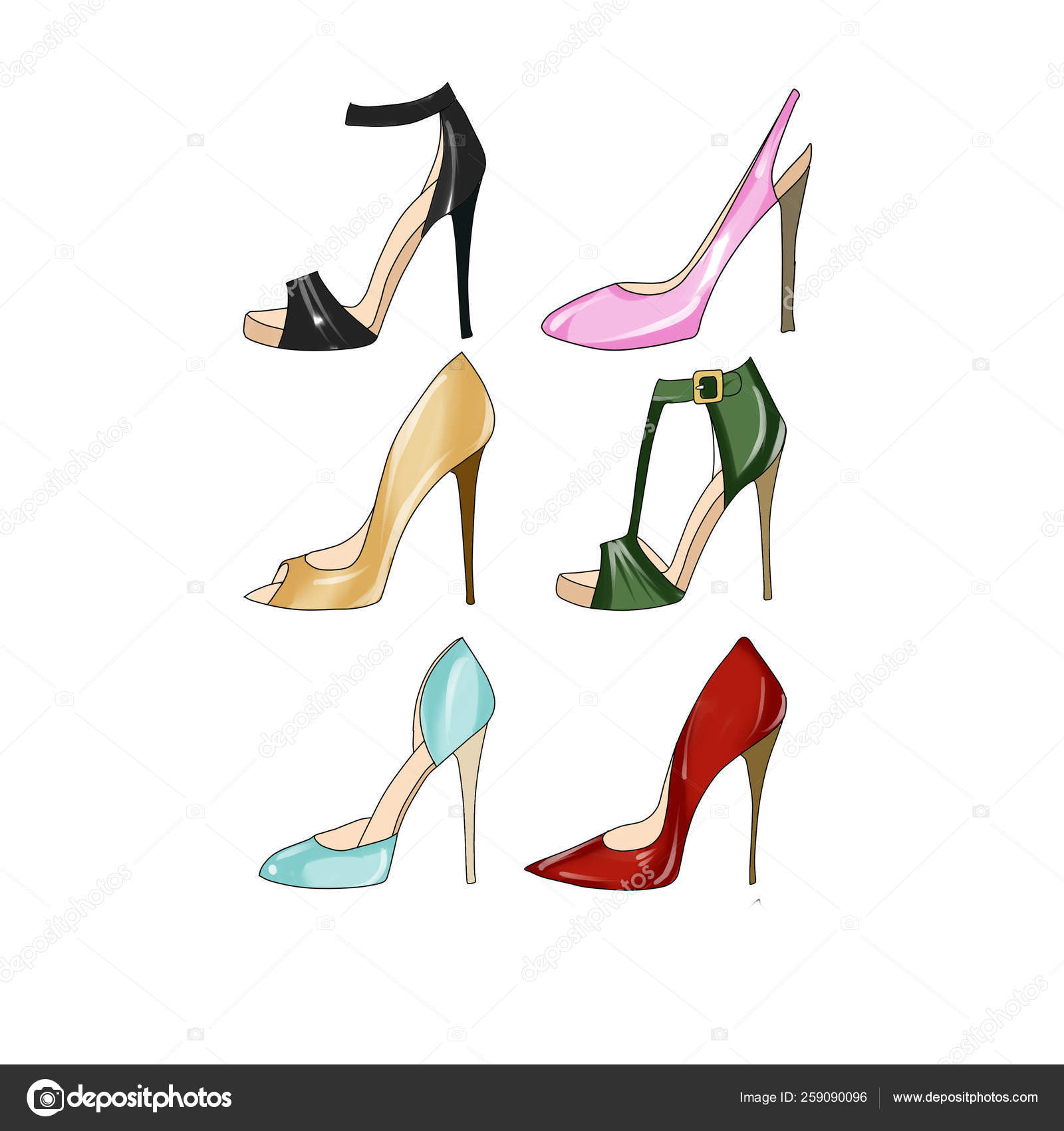 Fashion Illustration Set Different Types Heel Shoes Stock