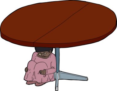 Frightened girl hiding under a round table clipart