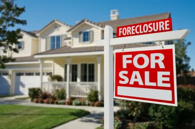 Foreclosure Home For Sale Real Estate Sign in Front of New House. clipart