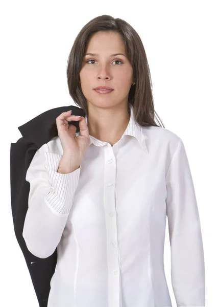 Bild Einer Lächelnden Brünette Die Lässig Einer Weißen Bluse Gekleidet — Stockfoto