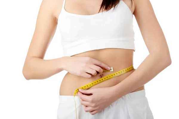 Sexy Fit Young Woman Measuring Her Waist White Background — Stock Photo, Image