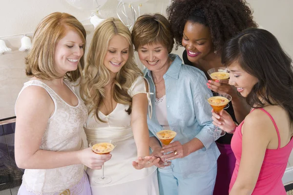 Bride Standing Together Friends Watching Her Engagement Ring — Stock Photo, Image