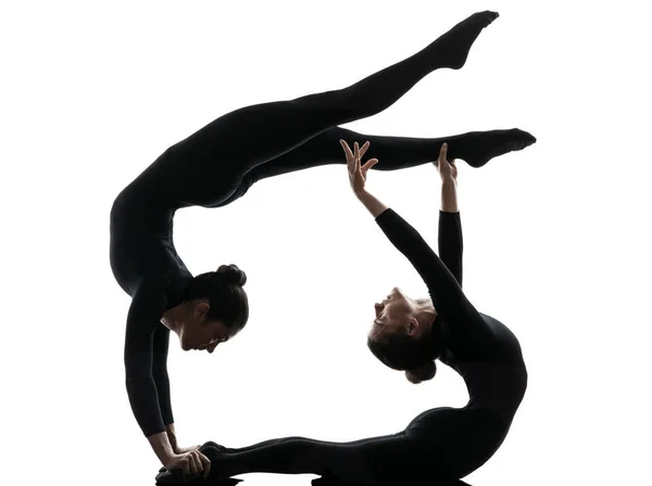 Dvě Ženský Soupeč Trénuje Gymnastický Jód Siluetě Bílém Pozadí — Stock fotografie