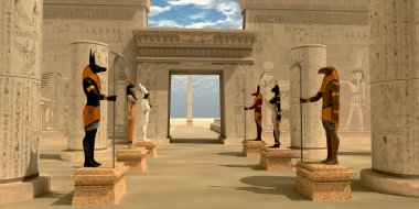 Egyptian statues of Bastet, Anubis, Atum, Hathor, Ra, and Seth stand guard in Pharaoh's temple. clipart