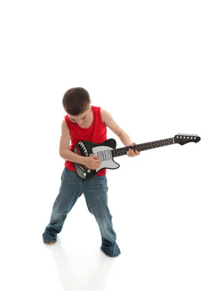 Een Jonge Jongen Speelt Een Muziekinstrument Witte Achtergrond — Stockfoto