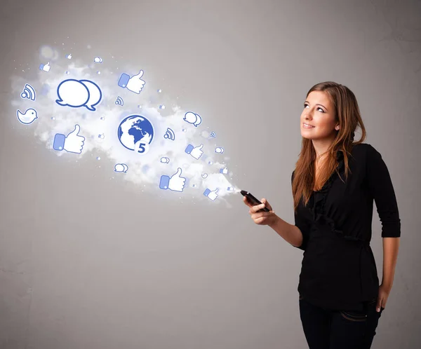 Pretty Young Girl Holding Phone Social Media Icons Abstract Cloud — Stock Photo, Image