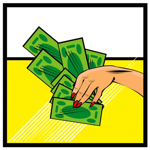 矢量漫画女手与现金钱手与钱在流行艺术风格背景 — 图库照片
