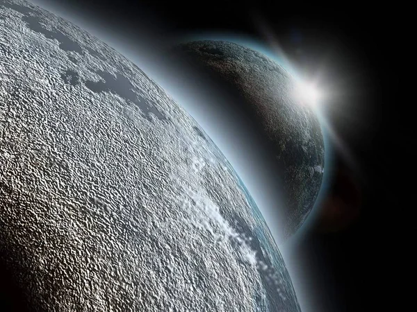 日の出を伴う宇宙の3D惑星 — ストック写真