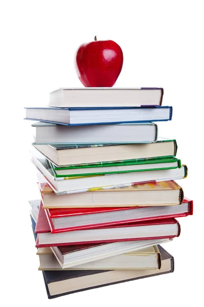 Una Pila Libros Texto Con Una Manzana Roja Brillante Parte —  Fotos de Stock