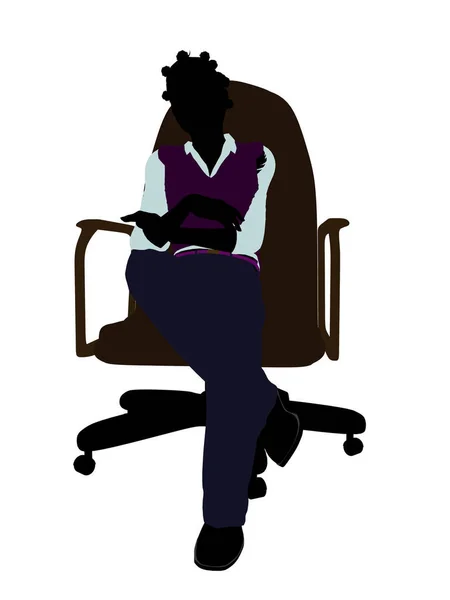 非洲裔美国女学生坐在椅子上插图剪影的白色背景 — 图库照片