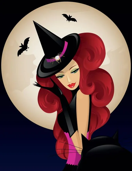 Piękna Czarownica Czarnym Kotem Obchody Halloween — Zdjęcie stockowe