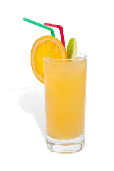 Jus Orange Frais Avec Glace Isolée Sur Fond Blanc — Photo