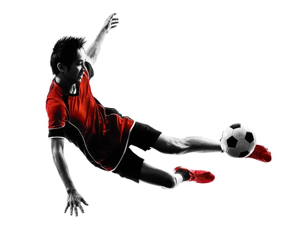 One Asian Soccer Player Young Man Kicking Silhouette Isolated White — Stock Photo, Image