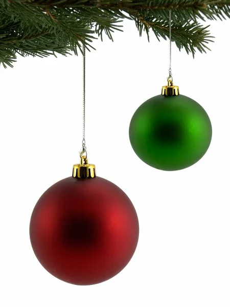 Red Green Christmas Ornaments Hanging Tree Isolated White — Stock Photo, Image