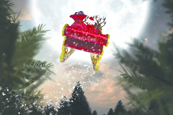 Santa Flying His Sleigh Full Moon Forest — Stock Photo, Image