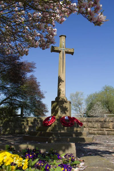 戦争で戦った人々を追悼するポピーに囲まれた村の十字架 — ストック写真