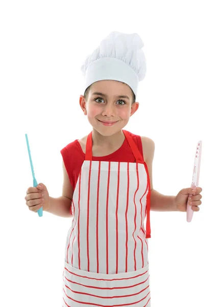 Pequeno Chef Cozinheiro Segurando Duas Facas Com Tampas Segurança Fundo — Fotografia de Stock