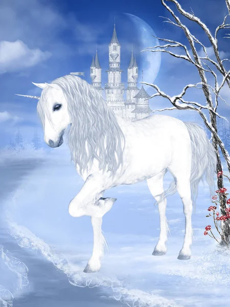 Ein Weißes Einhorn Einer Fantastischen Winterlandschaft — Stockfoto