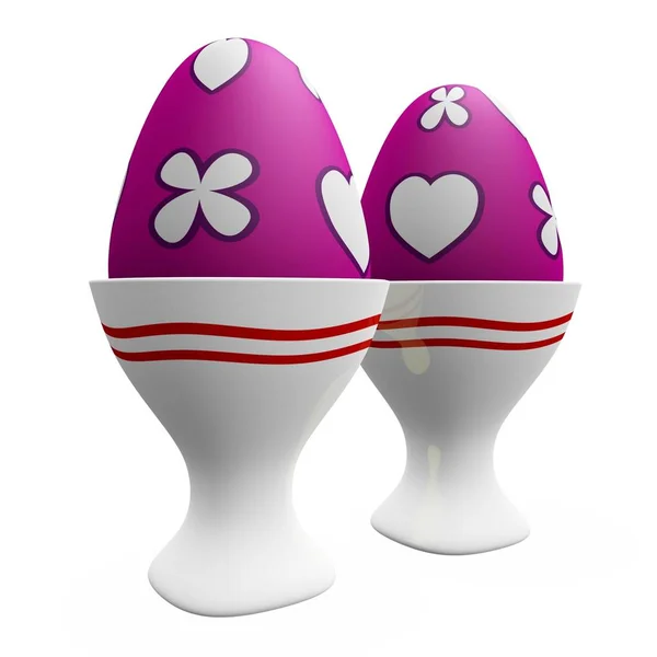 Два Рожевих Пофарбовані Великодні Яйця Квітковим Дизайном Білих Керамічних Яєчних — стокове фото