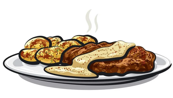 Иллюстрация Запеченного Мяса Вареным Картофелем Соусом — стоковое фото