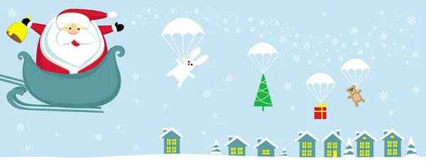 Dibujos Animados Santa Con Campana Juego Caída Regalos Con Paracaídas — Foto de Stock