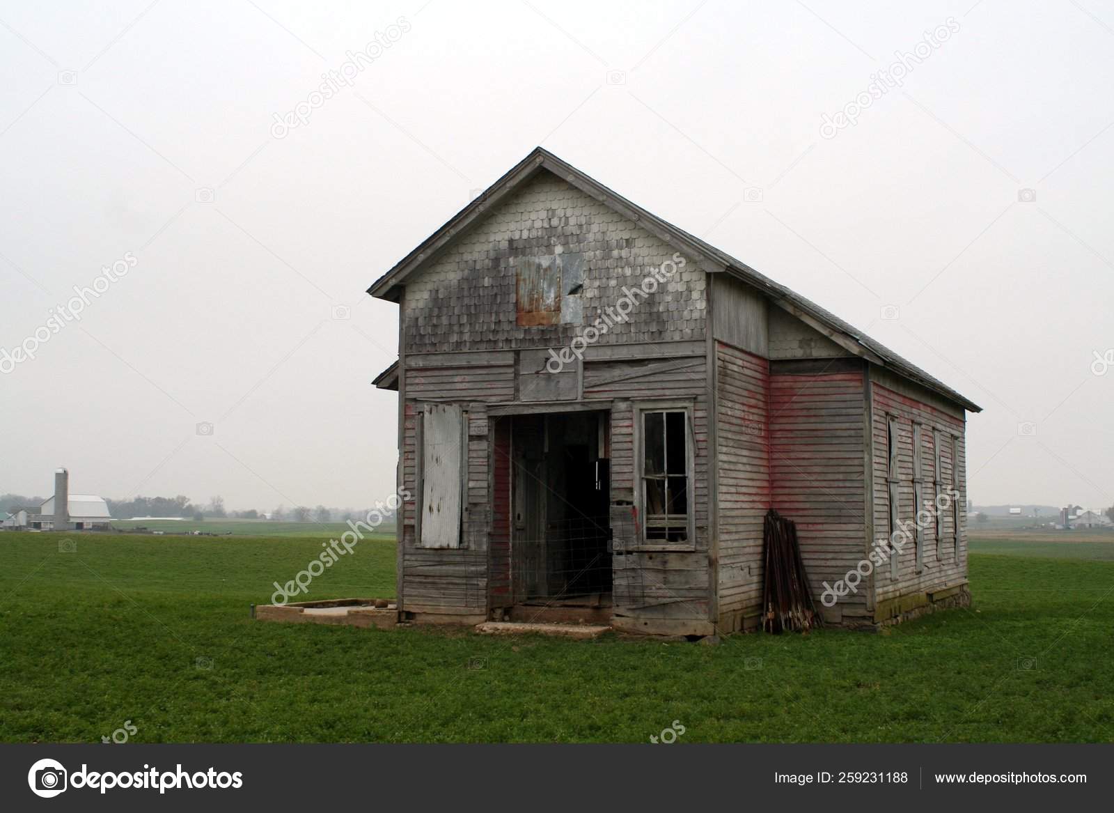 Old One Room School House Field Cloudy Day Stock Photo