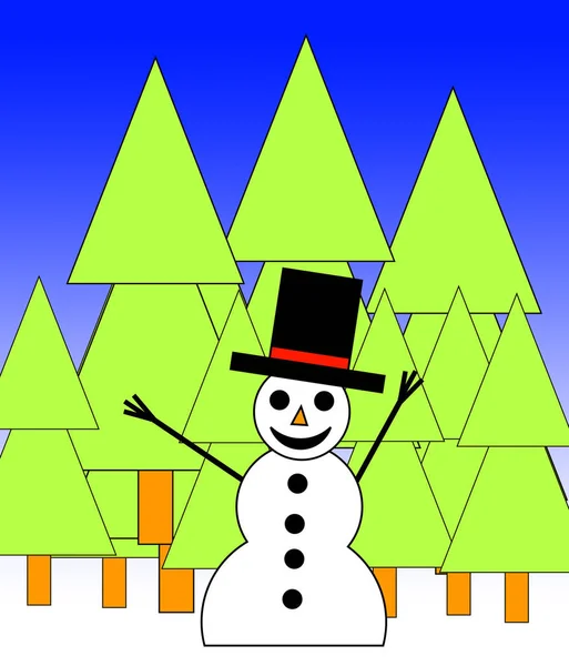 Muñeco Nieve Ilustrado Feliz Bosque Para Navidad —  Fotos de Stock