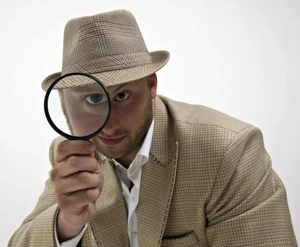 Spioneri Man Med Förstoringsglas Isolerad Bakgrund — Stockfoto