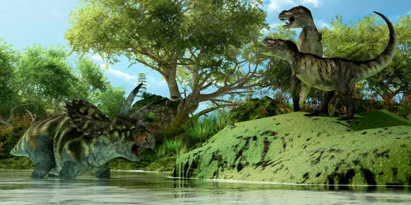 Dos Dinosaurios Tiranosaurios Rugen Frustrados Mientras Dinosaurio Coahuilaceratops Usa Agua — Foto de Stock
