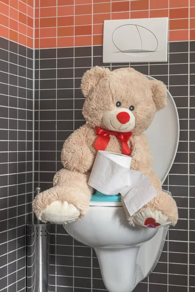 トイレットペーパー 家族ケア 幼児期 幼児期 トイレトイレトレーニングのロールを保持し バスルームにWcトイレボウルに座っておもちゃのテディベア — ストック写真