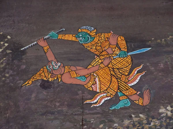 Τέχνη Thai Ζωγραφική Στον Τοίχο Στο Ναό — Φωτογραφία Αρχείου