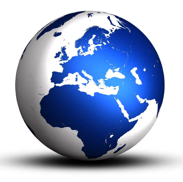 蓝色欧洲世界地球仪与孤立在白色背景上的阴影 — 图库照片