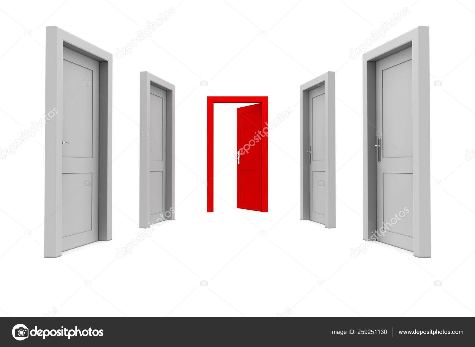 Abstract Hallway Gray Doors One Red Door Open End Corridor Stock
