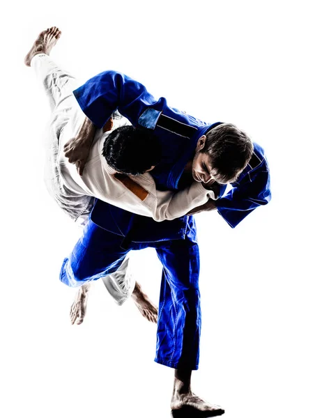 Dva Bojovníci Judokas Bojující Muži Siluetách Bílém Pozadí — Stock fotografie