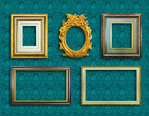 Frame Golden Wood Blue Wallpaper — Stock Photo, Image
