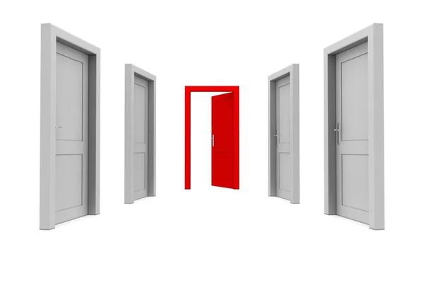 Абстрактний Коридор Сірими Дверима Одна Червона Двері Відкрита Кінці Коридору — стокове фото