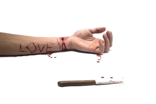 Krwawy Nóż Cięte Nadgarstki Izolowane Białym Tle Miłość Przeciąć Ramię — Zdjęcie stockowe