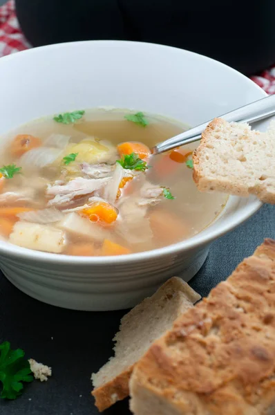 Homemade Organic Chicken Vegetable Bouillon Soup Served Bread — Stock Photo, Image