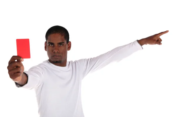 Attractive Dark Skinned Man Showing Red Card All White Background — Stock Photo, Image