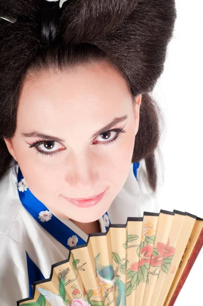 Retrato Chica Apariencia Asiática Con Maquillaje Debajo Geisha Sobre Fondo — Foto de Stock