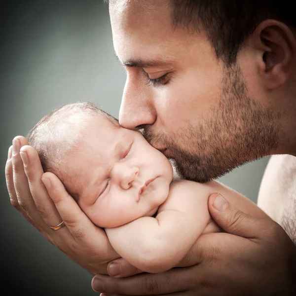 Father Holds Hands Newborn Child — Stock Photo, Image
