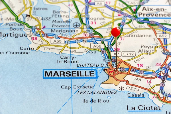 Destinazione Francia Marsiglia Montpellier Sulla Mappa Soft Focus — Foto Stock