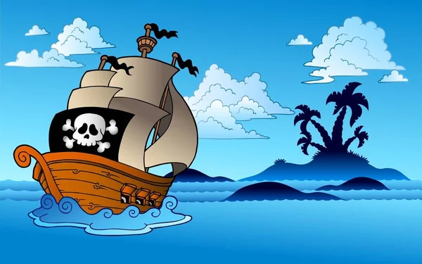 Пиратский Корабль Островным Силуэтом Векторная Иллюстрация — стоковое фото