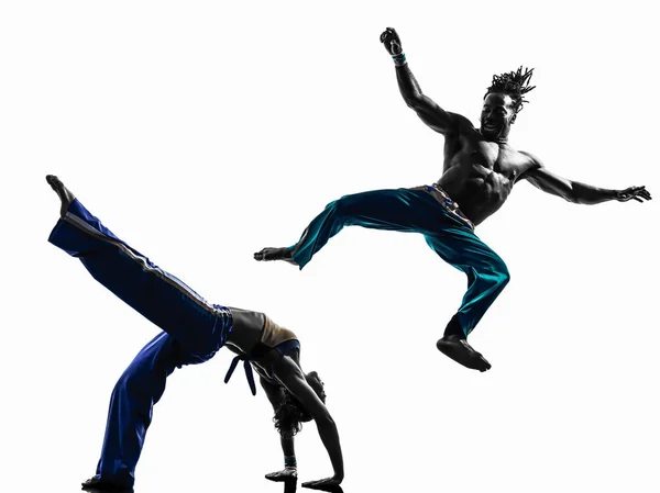 Twee Mensen Paar Capoeira Dansers Dansen Silhouette Studio Geïsoleerd Witte — Stockfoto