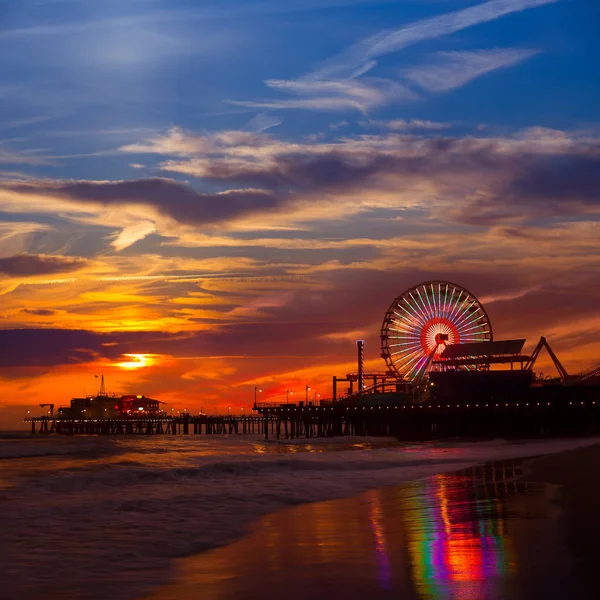 Santa Monica Kalifornien Sonnenuntergang Auf Pier Ferrys Rad Und Reflexion — Stockfoto