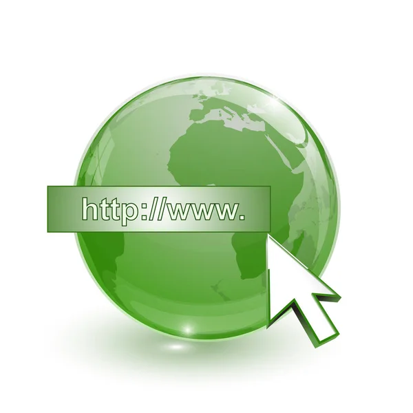 Glaskugel Erdkarte Grün Und Cursor Mit Internetadresse Auf Weißem Hintergrund — Stockfoto