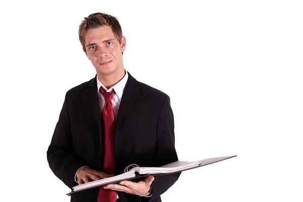 Smart Businessman Reviewing Some Files All Isolated White Background — Stock Photo, Image