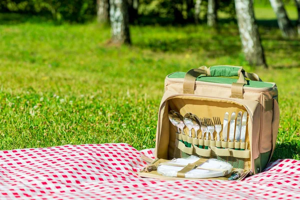 Thermal bag with a set of dishes on a checkered tablecloth on a lawn for a picnic